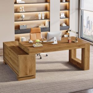 Tribesigns L Shaped Executive Desk with Storage Cabinets and 2-Tier Shelf, 63-Inch Simple Modern Business Furniture Large Computer Writing Table Workstation for Home Office, Brown