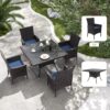 Kurapika 5-Piece Patio Furniture Outdoor Dining Set, Wicker Rattan Patio Dining Table and Chairs Set, Square Tempered Glass Tabletop with 4 Chair Set and Umbrella Hole, for Patio, Backyard, Navy Blue