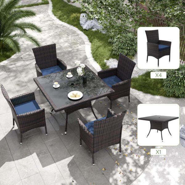 Kurapika 5-Piece Patio Furniture Outdoor Dining Set, Wicker Rattan Patio Dining Table and Chairs Set, Square Tempered Glass Tabletop with 4 Chair Set and Umbrella Hole, for Patio, Backyard, Navy Blue
