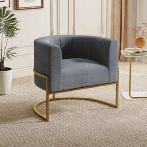 Velvet Accent Chair Navy Modern Comfy Upholstered Barrel Chair Padded Seat, Wide Arm Chairs for Reading Living Room Bedroom Club Side Chairs with Gold Metal Stand, Grey