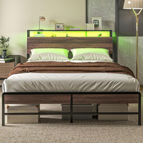 HOMCOM Queen Bed Frame with Headboard, Platform Bed Frame with LED Lights, Charging Station, 3-Tier Storage Shelf, Steel Slats, Easy Assembly & Noise-Free with No Box Spring Needed, Walnut