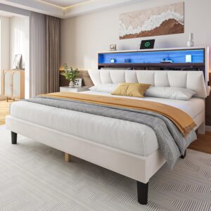 YITAHOME Queen Size Bed Frame with Storage, LED Bed Frame with Upholstered Velvet Headboard, Platform Bed with Outlet & USB Ports, No Box Spring Needed, Easy Assembly (Beige)