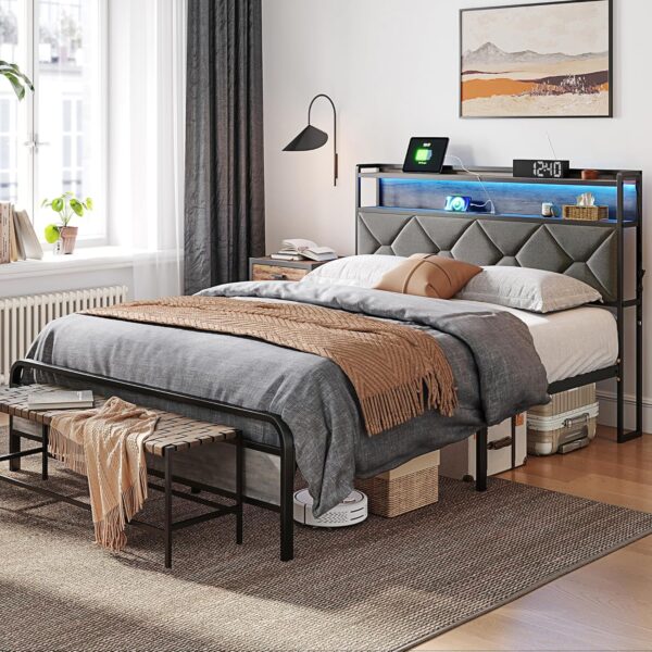 LINSY HOME Queen Bed Frame, Upholstered Platform Frame with Storage Headboard, Metal Queen Size Bed Frames with LED and Charging Station, No Box Spring Needed, Easy Assembly, Rustic Grey
