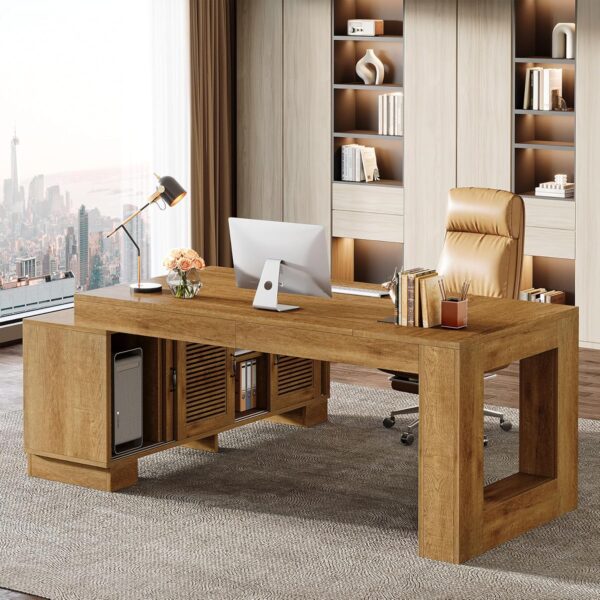 Tribesigns L Shaped Executive Desk with Storage Cabinets and 2-Tier Shelf, 63-Inch Simple Modern Business Furniture Large Computer Writing Table Workstation for Home Office, Brown