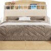 LIKIMIO Queen Bed Frame with Guardrail & Bedside Caddy, Multifunctional Headboard with Charging Station, Durable Metal Platform Bed, Noise-Free, No Box Spring Needed, White