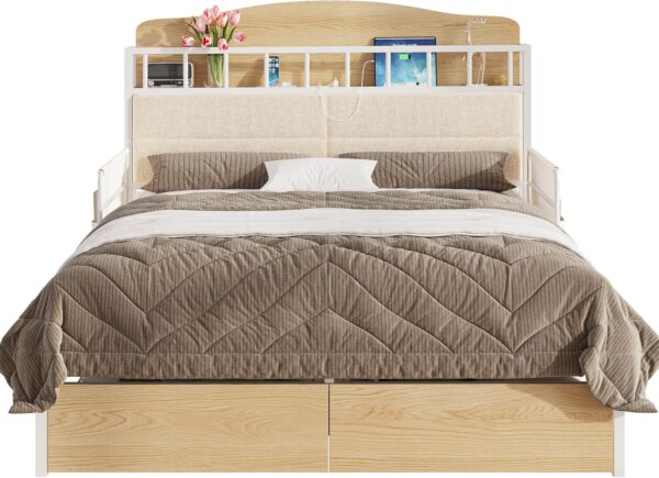 LIKIMIO Queen Bed Frame with Guardrail & Bedside Caddy, Multifunctional Headboard with Charging Station, Durable Metal Platform Bed, Noise-Free, No Box Spring Needed, White