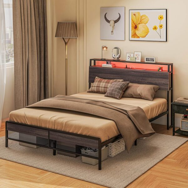 HOMCOM Queen Bed Frame with Headboard, Platform Bed Frame with LED Lights, Charging Station, 3-Tier Storage Shelf, Steel Slats, Easy Assembly & Noise-Free with No Box Spring Needed, Walnut