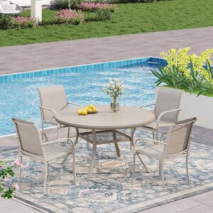 VICLLAX 5 Pieces Patio Outdoor Dining Set, 40.6" Round Aluminum Table with Umbrella Hole and Storage Shelf, 4 Stackable Textilene Chairs for Patio, Lawn, Garden, Porch, Sandshell