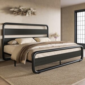 SHA CERLIN Queen Size Metal Bed Frame with Wooden Headboard and Footboard, Heavy Duty Oval-Shaped Platform Bed with Under-Bed Storage, Noise Free, No Box Spring Needed, Black