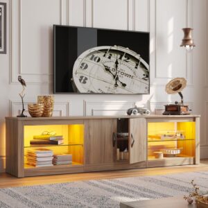 Bestier 70 Inch Gaming Entertainment Center with Adjustable Glass Shelves for 75 inch TV, Large Led TV Stand with Storage Cabinet, Modern Television Stand for Living Room, Bedroom, Pinewood