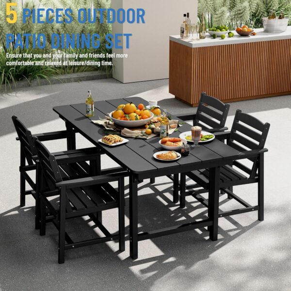 FOOWIN Outdoor Table and Chairs Set 5-Piece HDPE All Weather Patio Dining Set with Umbrella Hole,Outdoor Patio Furniture Dining Set for 6,Patio Kitchen Table Set for Garden,Backyard,Poolside Black