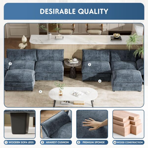 YESHOMY Sectional Modular Sofa U Shaped Chenille Fabric Couch with High Supportive & Soft Sponges and Removable Ottoman, Sleeper Comfy Upholstered Furniture for Living Room, Blue