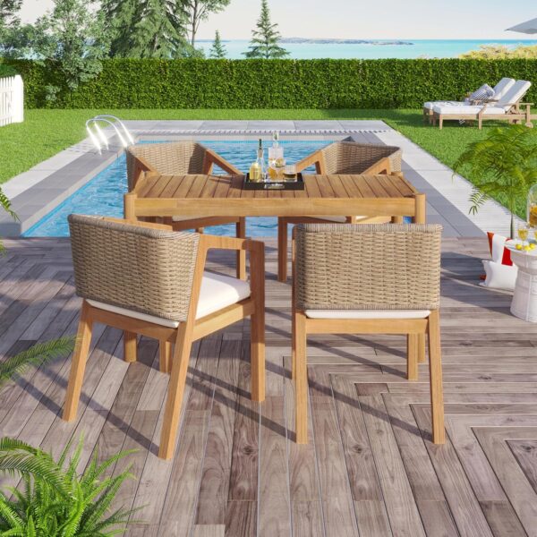 Merax Acacia Wood Outdoor Dining Set for 5, All Weather Patio Table and 4 Chairs with Rattan Wicker for Garden, Backyard, Poolside, Balcony, Light Teak