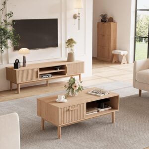 Coffee Table and TV Stand Set of 2,Boho TV Stand with 2 Drawers,Rectangular Center Table for Living Room,2 Piece Living Room Table Set,Natural