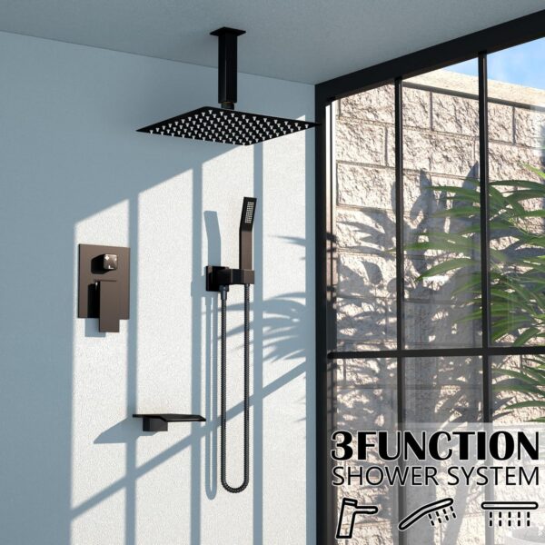 Ceiling Shower Faucet Set Matt Black Shower System for Bathroom,12 inch Rainfall High Pressure Shower Head Combo Set Complete with Handheld Spray,Valve and Tub Spout