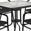 Flash Furniture 5-Piece 28" Square Indoor/Outdoor Patio Table and Chairs Set, Dining Set with Glass Metal Bistro Table, 4 Stack Rattan Chairs, Black