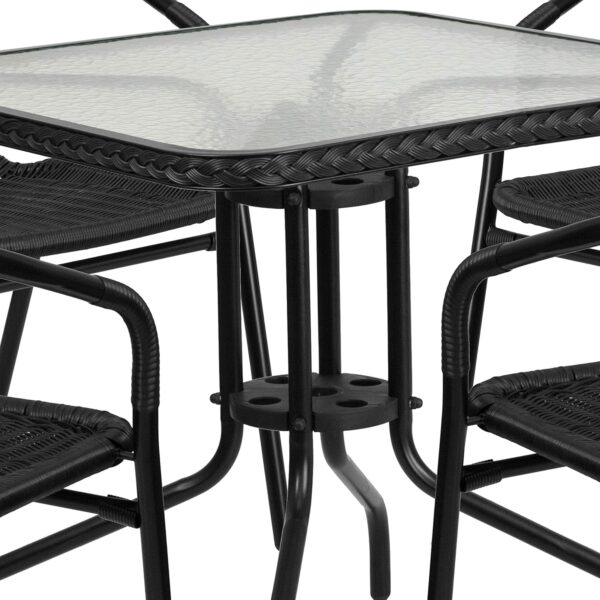 Flash Furniture 5-Piece 28" Square Indoor/Outdoor Patio Table and Chairs Set, Dining Set with Glass Metal Bistro Table, 4 Stack Rattan Chairs, Black