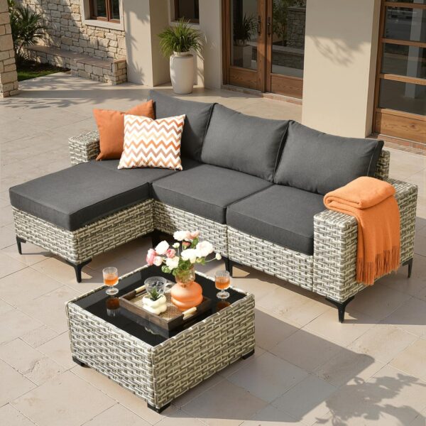 ovios 5 Pieces Patio Furniture Set Outdoor Sectional Sofa Couch with Comfy Cushions Deep Seat, Modern Modular Wicker Rattan Conversation Set for Porch Deck Garden, Black