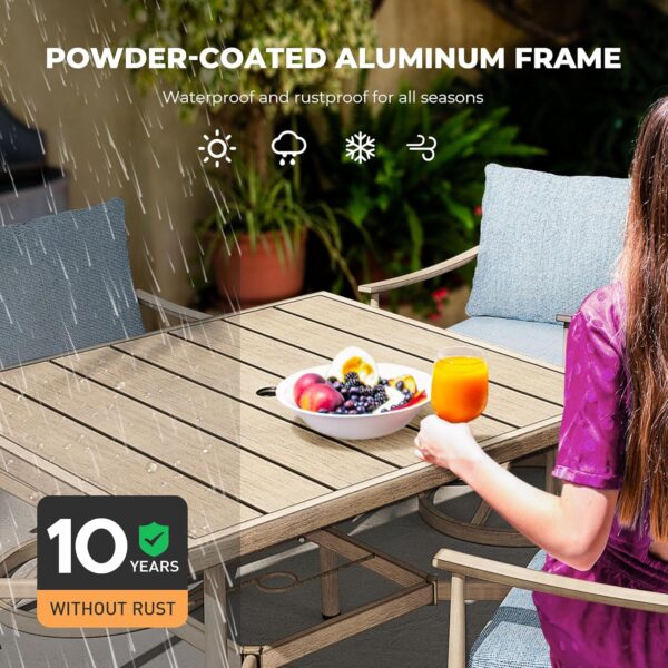 HAPPATIO Outdoor Dining Set 5 PCS, Aluminum Patio Dining Set Includes 1 Large Square Table with Umbrella Hole & 4 Swivel Dining Chairs, Patio Furniture Set for Lawn, Porch, Backyard (Brown)
