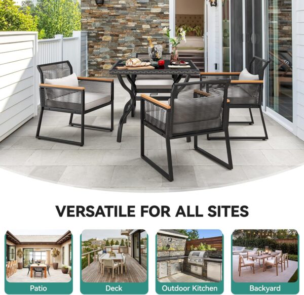 YITAHOME 5-Piece Outdoor Patio Furniture Dining Set, All-Weather Rattan Conversation Set with Wood Armrest, Soft Cushions and Glass Top Dining Table for Backyard Deck (Black+Light Gray)