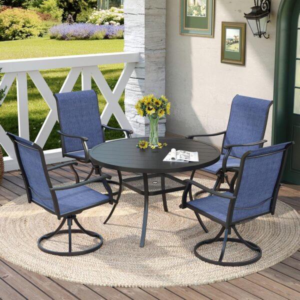 DIFY 5 Pieces Outdoor Dining Set, Patio Dining Furniture Set with 42" Black Round Dining Table with Metal Frame & 6 Blue Patio Swivel High Back Chairs for Garden, Porch, Deck and Lawn