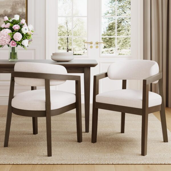Christopher Knight Home Set of 2 Lanford Fabric Upholstered Dining Chairs, Curved Backrest Kitchen Side Chair, Soft Padded Seat&Back Cushion, Solid Wood Armchair, Ergonomic Extra Seat, Beige+Walnut