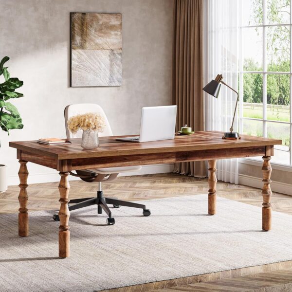 Tribesigns Large Executive Office Desk, 62.2-Inch Farmhouse Modern Computer Desk, Mid Century Study Writing Table Workstations Business Office Furniture with Carved Turned Legs (Walnut)