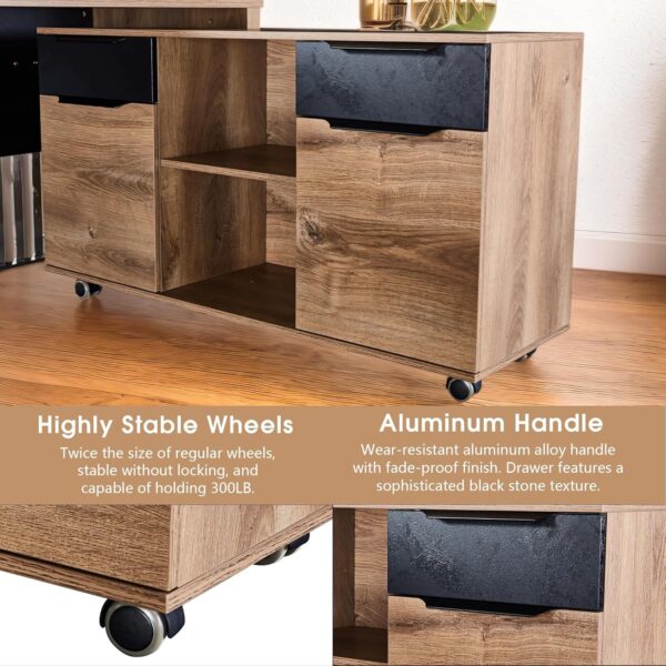 63 Inch L Shaped Executive Office Desk with 2 Drawers, Modern Home Office Desk with File Cabinet, Business Furniture w/Stand Under Desk Storage Organizer with 4 Wheels
