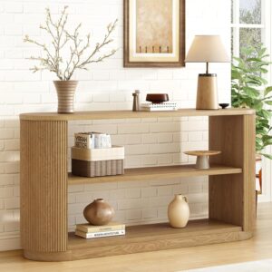 Merax Modern Entryway Console Table with Triple-Tier Storage, Slim Sofa Table with Open Shelf & Elegant Wood Grain, Multi-Functional Hallway Table for Living Room, Natural