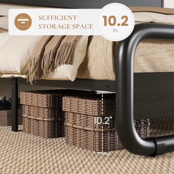 SHA CERLIN Queen Size Metal Bed Frame with Wooden Headboard and Footboard, Heavy Duty Oval-Shaped Platform Bed with Under-Bed Storage, Noise Free, No Box Spring Needed, Black