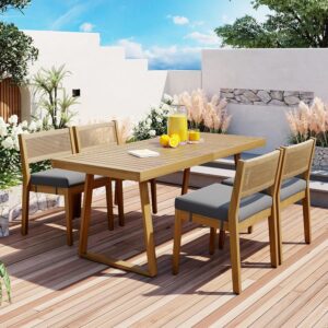 5 Pieces Patio Dining Set, Acacia Wood Dining Table and Chair Set, All-Weather Outdoor Conversation Set Gathering Set with Thick Cushions for Garden Backyard Balcony (Gray+Acacia5)
