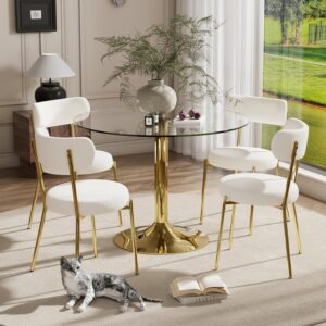 Clear Round Glass Top Dining Table Set for 4, 35'' Modern Luxury Circle Dinner Room Set, 5 PCS Minimalist Tulip Circular Kitchen Table Set, White Boucle Chairs, for Small Apartment (Gold)