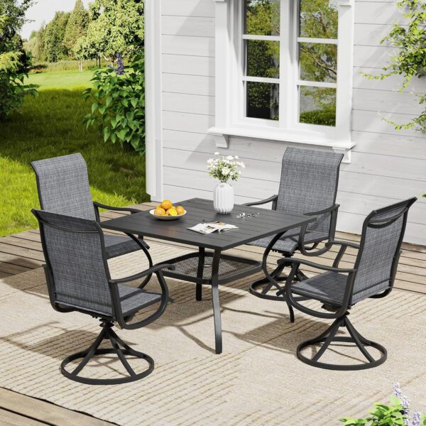 VICLLAX 5 Pieces Outdoor Dining Set, Patio Furniture Set of 4 Patio Swivel Dining Chairs and Square Patio Table with Storage Shelf, Dark Charcoal Chairs & Black Tabletop