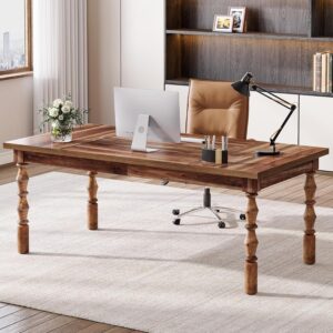 Tribesigns Large Executive Office Desk, 62.2-Inch Farmhouse Modern Computer Desk, Mid Century Study Writing Table Workstations Business Office Furniture with Carved Turned Legs (Walnut)