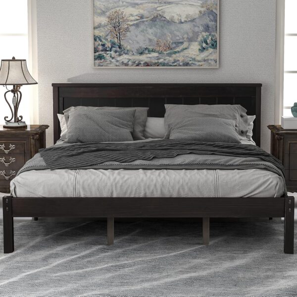 Merax Queen Size Platform Bed with Headboard,Wood Bed Frame with Slat Support No Box Spring Needed, Espresso Platform Bed