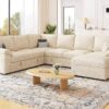 108 Inch Sectional Sleeper Sofa with Pull Out Bed, U Shaped 7 Seat Modular Sectional Sofa with Storage, Sectional Couches for Living Room, Cloud Modular Couch, Removable Sofa Cover, Beige