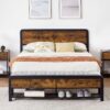 Queen Size Bed Frame with Wood Headboard and 2 Storage Drawers, Metal Platform Bed Frame Queen with Heavy Duty Metal Slats Supports, Noise-Free, No Box Spring Needed, Rustic Brown
