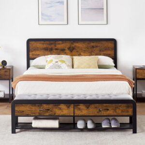 Queen Size Bed Frame with Wood Headboard and 2 Storage Drawers, Metal Platform Bed Frame Queen with Heavy Duty Metal Slats Supports, Noise-Free, No Box Spring Needed, Rustic Brown