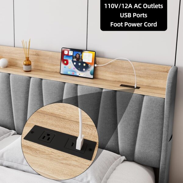 Upholstered Bed Frame with Storage Headboard and Charging Station, Platform Bed Frame with Drawers, Heavy Duty, No Box Spring Needed, Easy Assembly, Grey, Queen Size