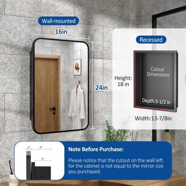 16x24 Inch Black Mirror Medicine Cabinet Metal Framed Recessed Wall Mounted Bathroom Medicine Cabinet with Mirror and Storage