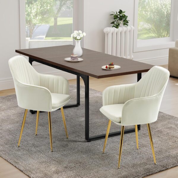 ECOTOUGE Velvet Dining Chairs Set of 2, Modern Arm Chair with Golden Metal Legs, Living Room Accent Chairs for Kitchen, Beige