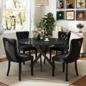 RGZ Mid Century Modern Black Dining Table Set for 4, 47'' Retro Rustic Farmhouse Round Kitchen Table Set, 5 Pcs Luxury Circular Dinner Room Set with Black High-end Tufted Chairs, for Large Apartment