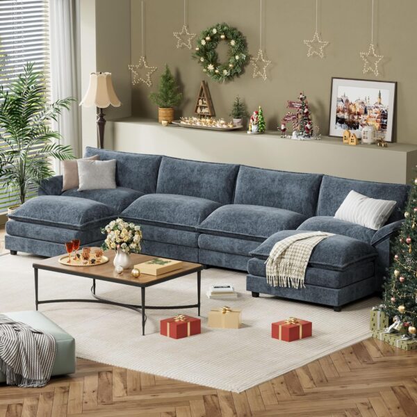 YESHOMY Sectional Modular Sofa U Shaped Chenille Fabric Couch with High Supportive & Soft Sponges and Removable Ottoman, Sleeper Comfy Upholstered Furniture for Living Room, Blue