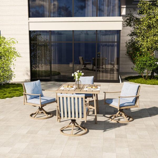 HAPPATIO Outdoor Dining Set 5 PCS, Aluminum Patio Dining Set Includes 1 Large Square Table with Umbrella Hole & 4 Swivel Dining Chairs, Patio Furniture Set for Lawn, Porch, Backyard (Brown)