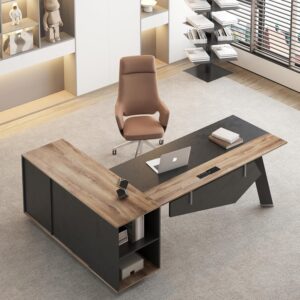 63 inches Executive Desk and 47" lateral File Cabinet, L-Shaped Desk with Storage Shelves and Doors, Modern Business Furniture Desk,Writing Table Computer Desk for Home Office, Brown and Black