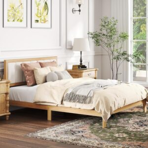 HOMCOM Queen Size Bed Frame with Upholstered Headboard, Platform Bed Frame with Wooden Slats, No Box Spring Needed, Easy Assembly, Oak
