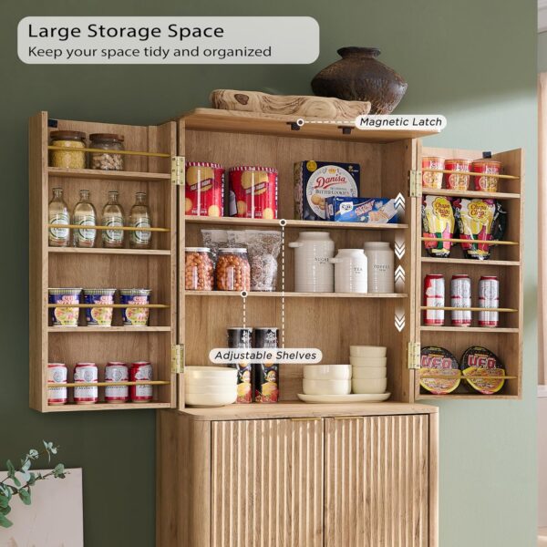 T4TREAM 72" Tall Fluted Pantry Storage Cabinet with Adjustable Shelves & Door Racks, Curved Profile Design, Spacious Dual-Zone Wood Organizer for Kitchen, Living Room, Natural Oak