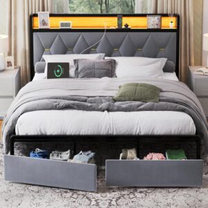 Queen Size Bed Frame with Headboard and Storage Drawers, Upholstered Grey Platform Bed Frame with Typ-C Charging Port, LED Bed Frame with Storage Headboard,Heavy Duty,No Box Spring Needed