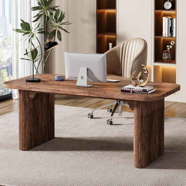 Tribesigns Wood Office Desk, 62-Inch Modern Executive Desk, Large Aesthetic Computer Work Desk with Double Pedestal, Workstation for Home Office (Brown)