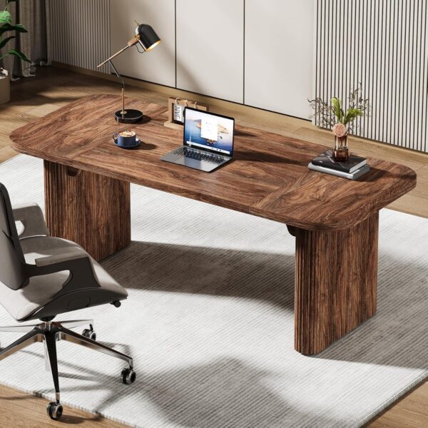 Tribesigns Wood Office Desk, 62-Inch Modern Executive Desk, Large Aesthetic Computer Work Desk with Double Pedestal, Workstation for Home Office (Brown)